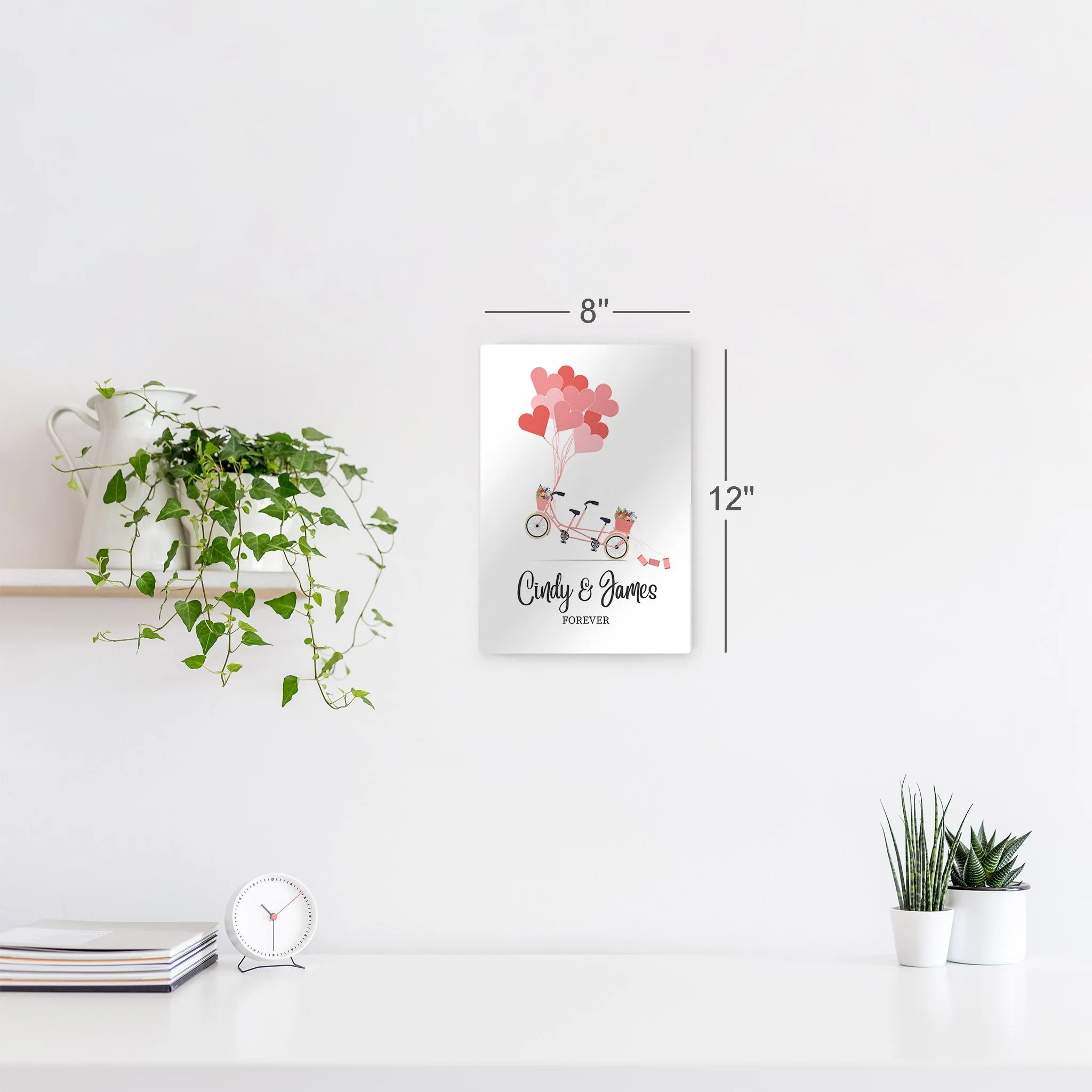 Personalized Gift Wall Art with Couple Names Pink Bicycle and Love Baloons Forever Design