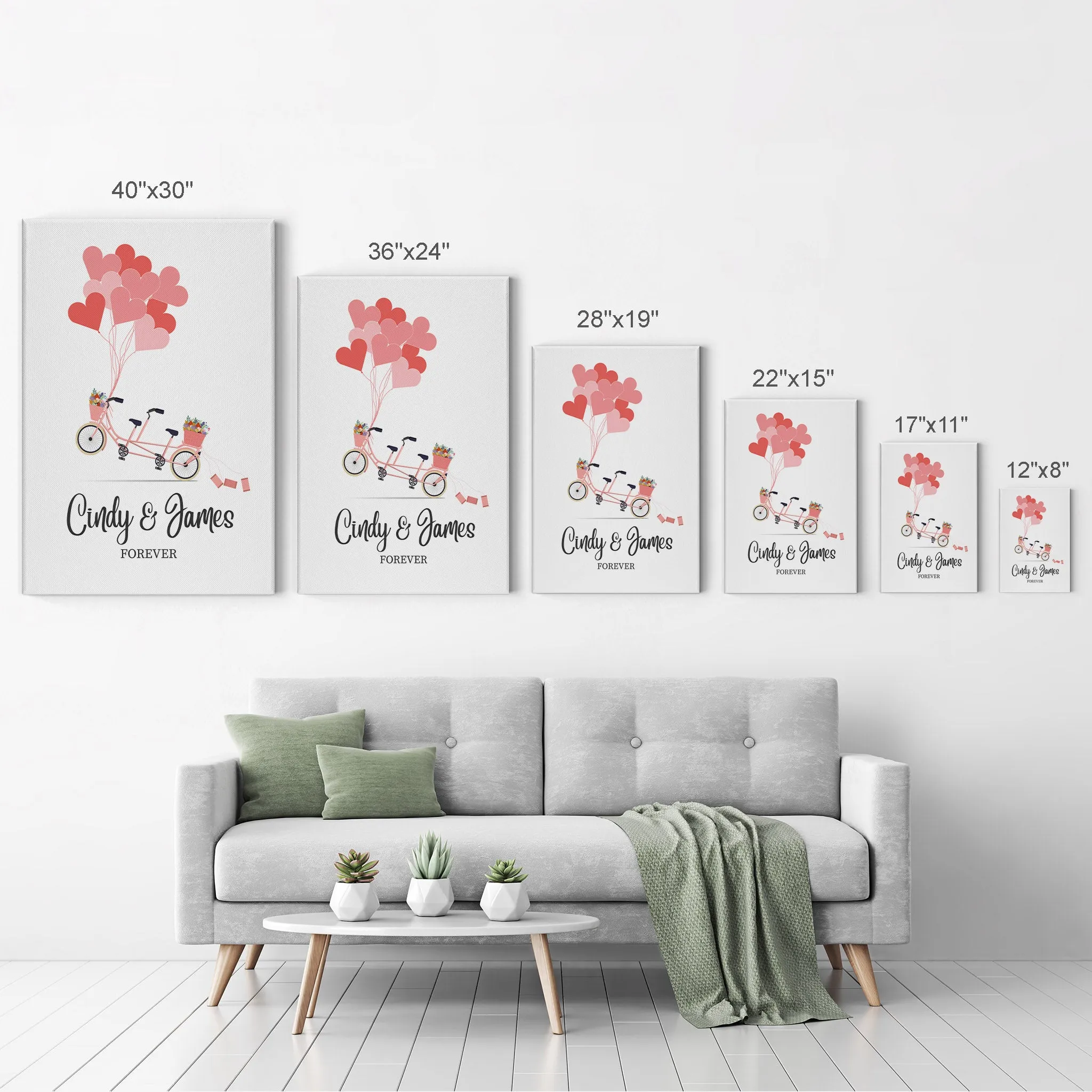 Personalized Gift Wall Art with Couple Names Pink Bicycle and Love Baloons Forever Design