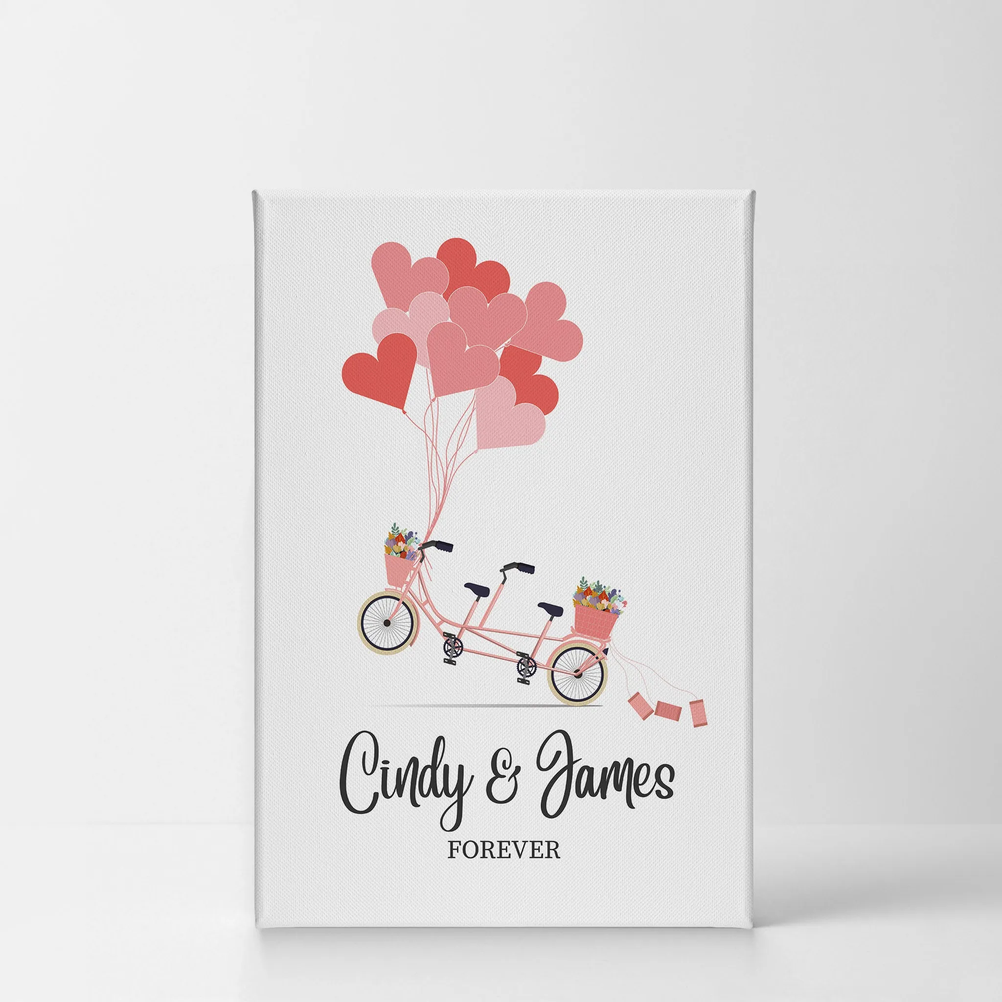 Personalized Gift Wall Art with Couple Names Pink Bicycle and Love Baloons Forever Design
