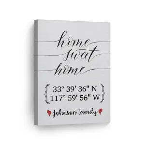 Personalized Gift Wall Art with Family Name and Coordinates Home Sweet Home Design