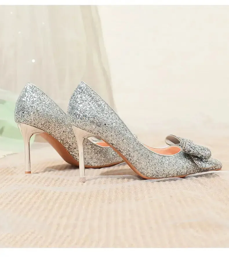 Pointed Toe Sequins Fine Heeled High Heels Elegant Sexy Ladies Sandals Wedding Shoes Banquet Shoes Women's Shoes