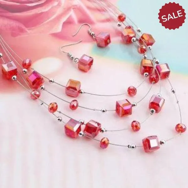 Red Acrylic Multi-Layer Square Earring & Necklace Set