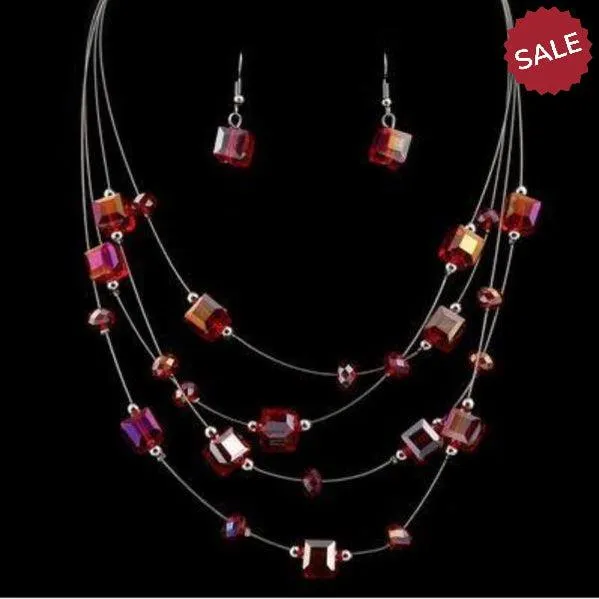 Red Acrylic Multi-Layer Square Earring & Necklace Set
