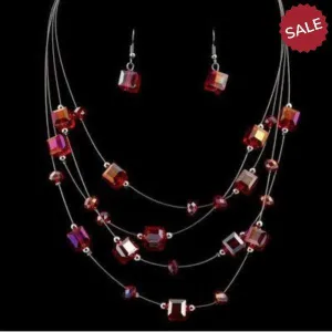 Red Acrylic Multi-Layer Square Earring & Necklace Set