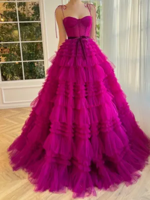 Roycebridal Blair |A Line Strapless Fuchsia Tiered Long Tulle Prom Dress