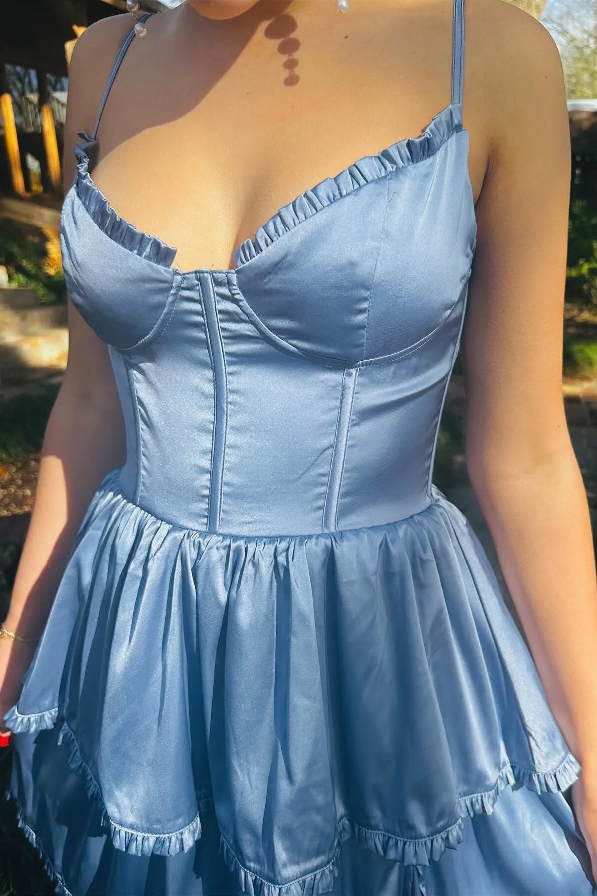 Roycebridal Periwinkle Corset Multi-Layer Ruffle Long Prom Dress