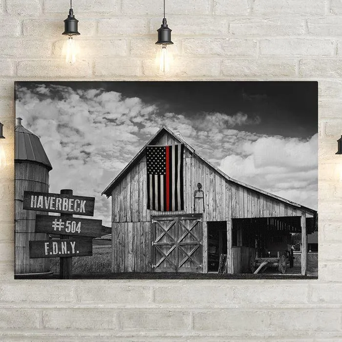 Thin Red Line Flag on Old Barn Personalized Framed Canvas Print