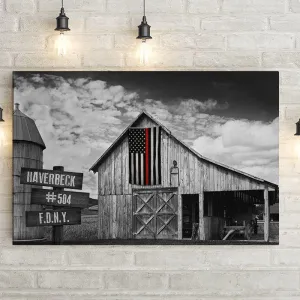 Thin Red Line Flag on Old Barn Personalized Framed Canvas Print