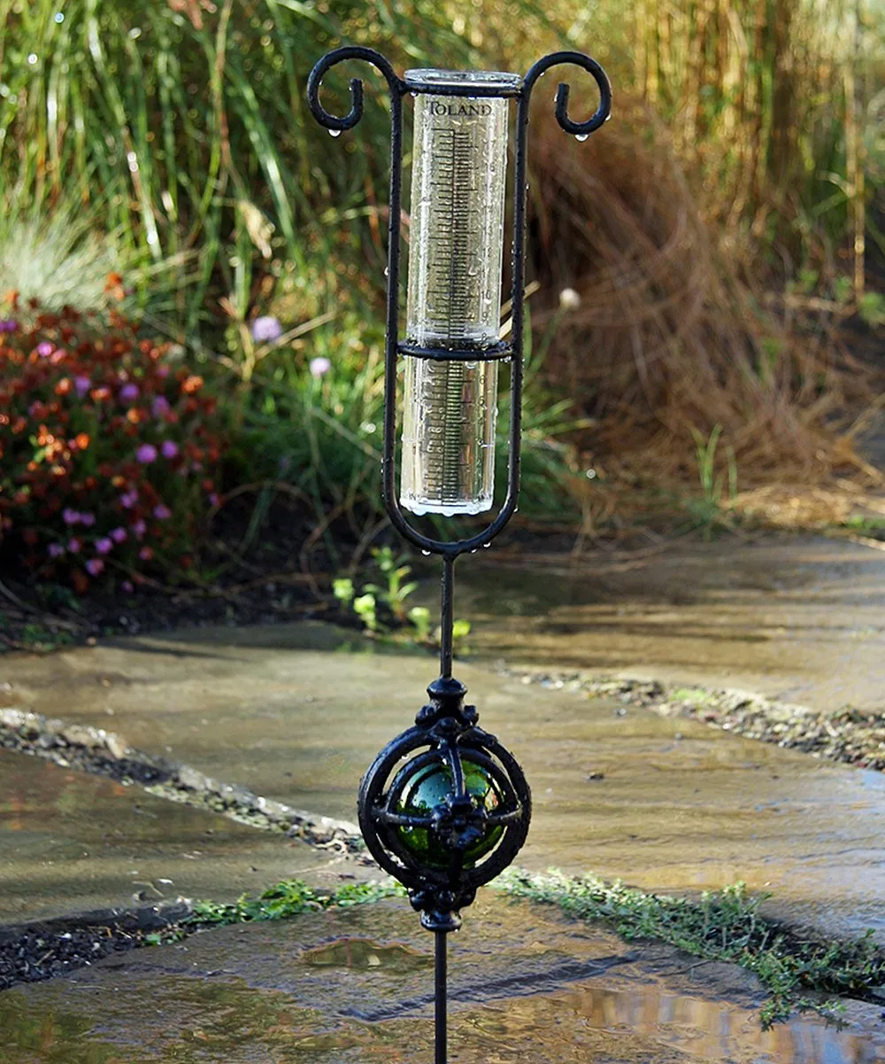 Toland Home Garden Garden Delights – Green Decorative Outdoor Garden Stake rain Gauge Statue with Glass Udometer
