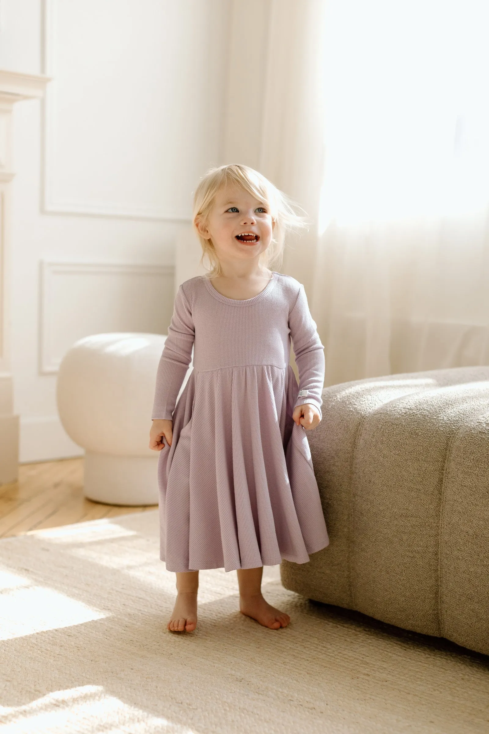 Waffle Long Sleeve Skater Dress - Lavender