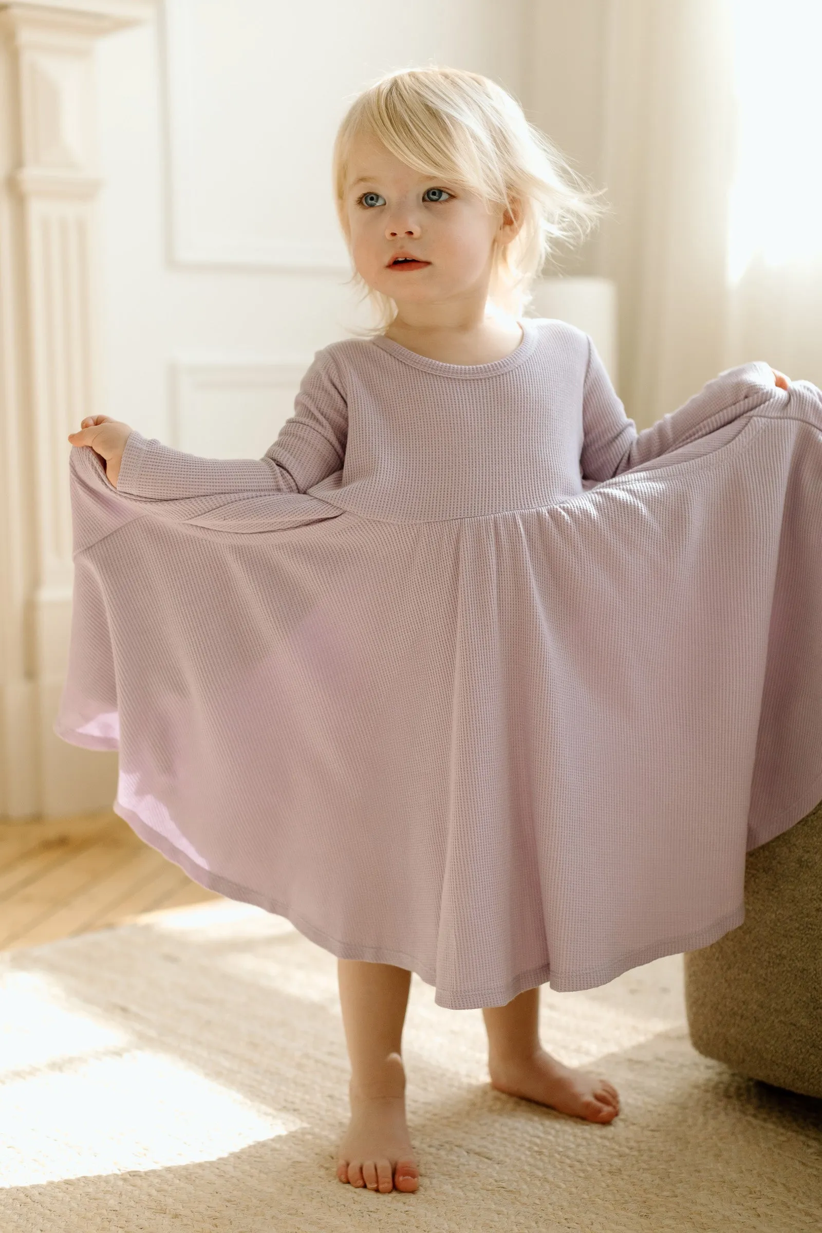 Waffle Long Sleeve Skater Dress - Lavender