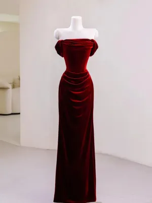 Wine Red Velvet Off Shoulder Floor Length Party Dress, Wine Red Velvet Prom Dress