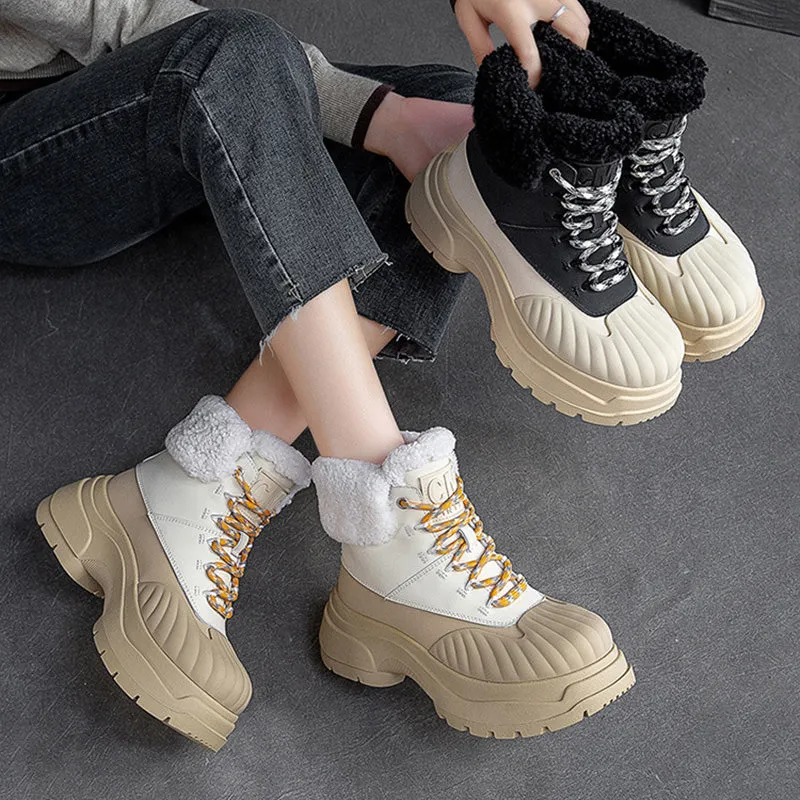 Women Fashion Leather Chunky Platform Snow Boots
