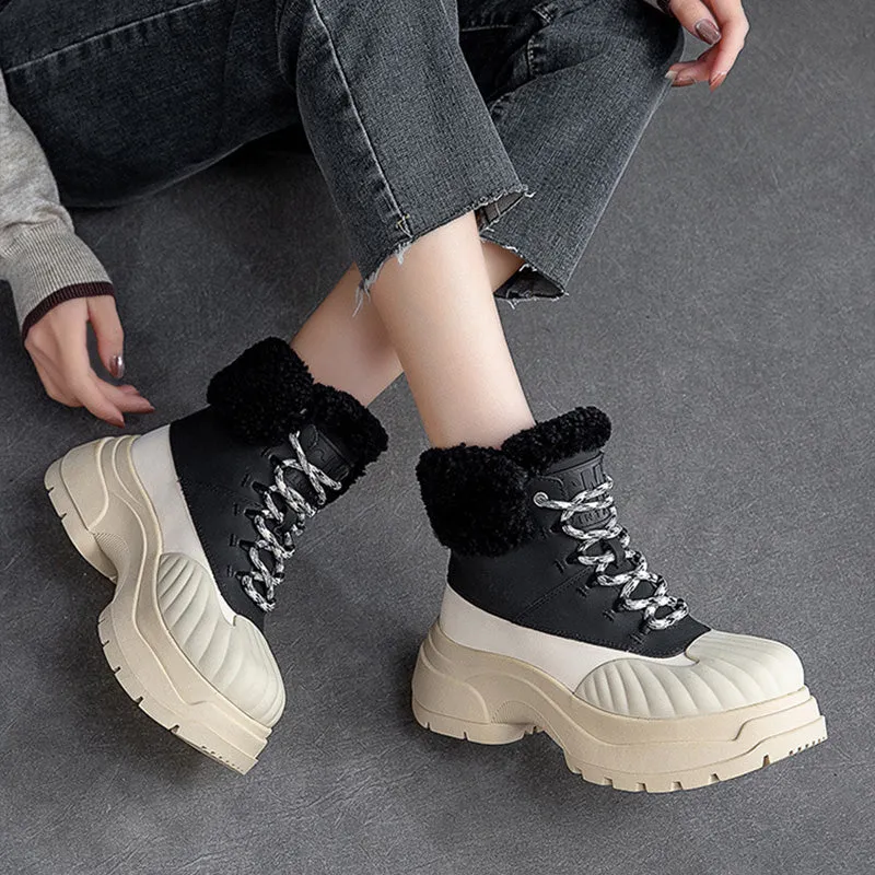 Women Fashion Leather Chunky Platform Snow Boots