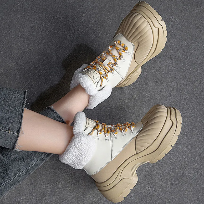 Women Fashion Leather Chunky Platform Snow Boots