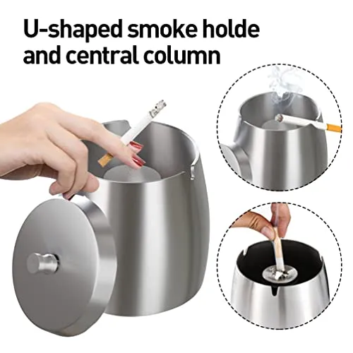 XL Outdoor Ashtray With Lid Ashtrays For Cigarettes and Cigar Smokers Stainless Steel Windproof/Rainproof Smokeless Odorless Ash Tray For Indoor Outside Patio Home Office Table ( X-Large ) Silver