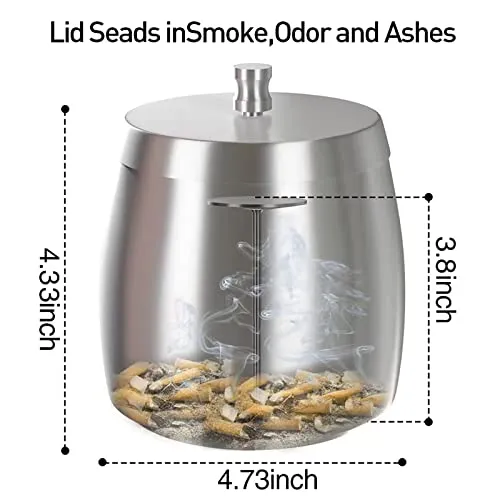 XL Outdoor Ashtray With Lid Ashtrays For Cigarettes and Cigar Smokers Stainless Steel Windproof/Rainproof Smokeless Odorless Ash Tray For Indoor Outside Patio Home Office Table ( X-Large ) Silver