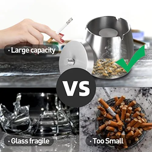 XL Outdoor Ashtray With Lid Ashtrays For Cigarettes and Cigar Smokers Stainless Steel Windproof/Rainproof Smokeless Odorless Ash Tray For Indoor Outside Patio Home Office Table ( X-Large ) Silver