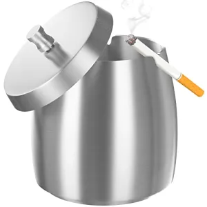 XL Outdoor Ashtray With Lid Ashtrays For Cigarettes and Cigar Smokers Stainless Steel Windproof/Rainproof Smokeless Odorless Ash Tray For Indoor Outside Patio Home Office Table ( X-Large ) Silver