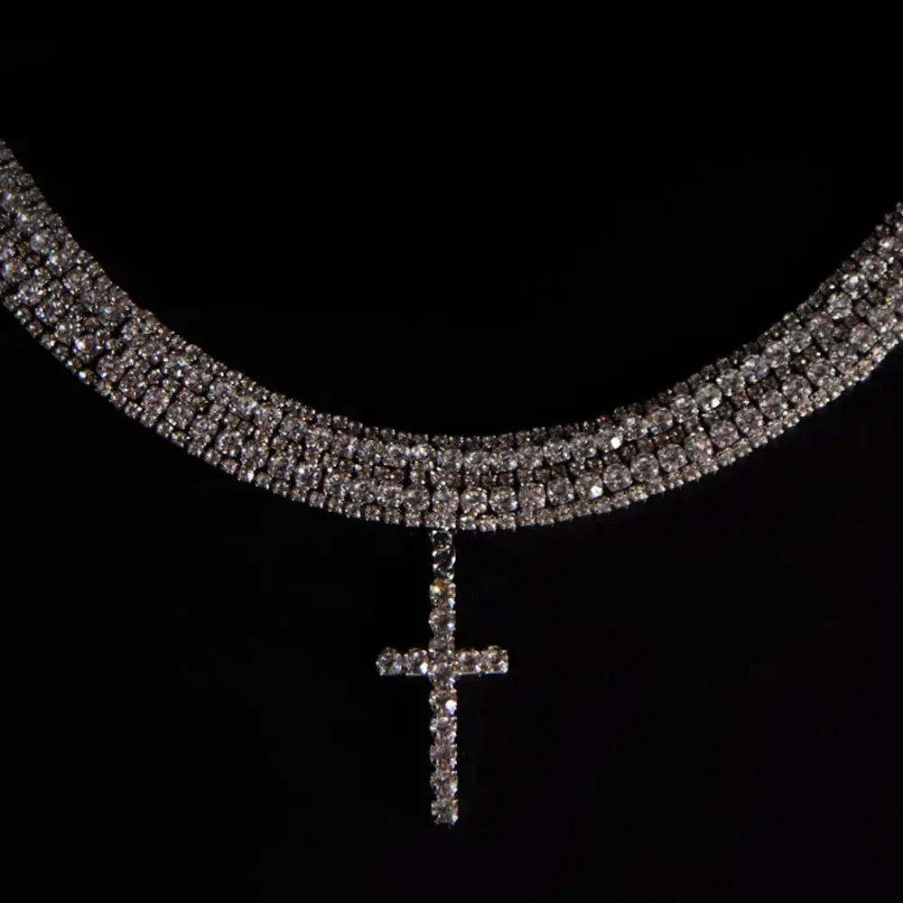Y2K Rhinestone Cross Choker Necklace