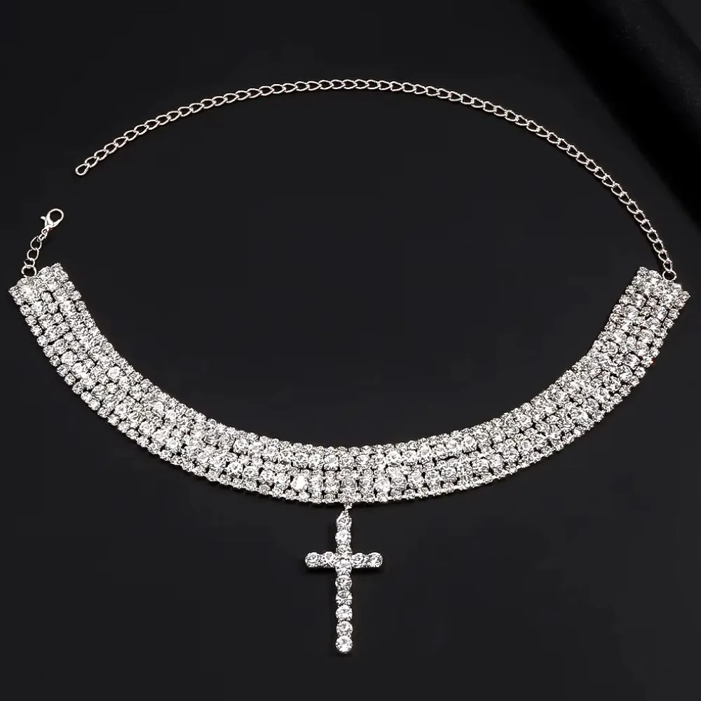 Y2K Rhinestone Cross Choker Necklace