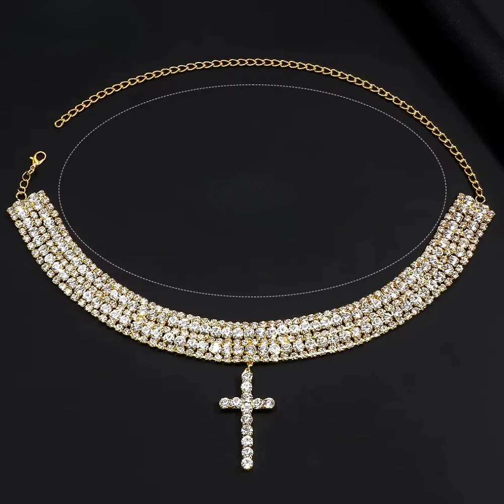 Y2K Rhinestone Cross Choker Necklace