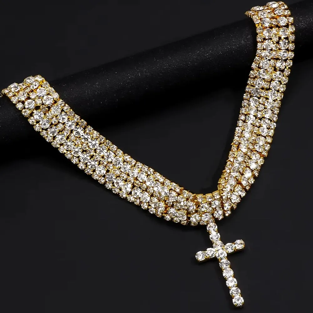 Y2K Rhinestone Cross Choker Necklace