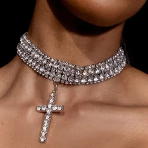 Y2K Rhinestone Cross Choker Necklace